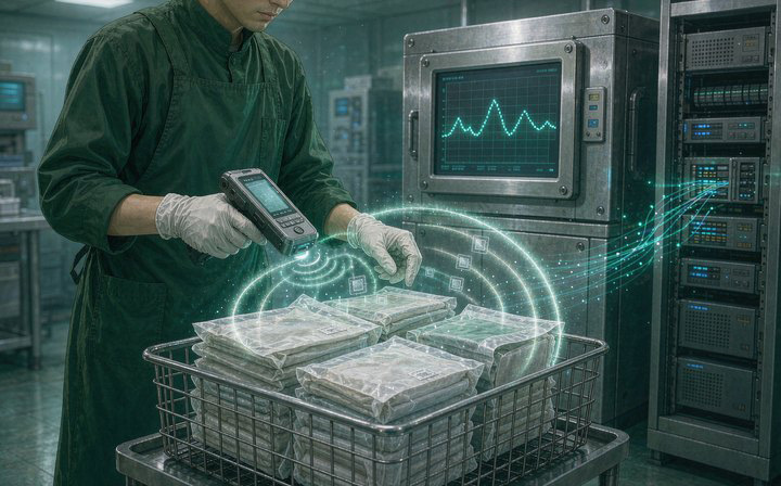 工作人员手持 RFID 读写器扫描盛筐里的器械包，包上方浮现无线信号与标签图标，背景的灭菌设备屏幕显示温度曲线并把数据传回服务器